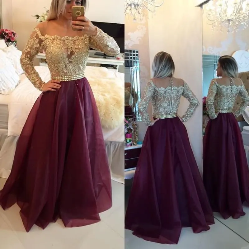 Bridelily Gold Burgundy Long-Sleeves Lace-Appliques A-line Prom Dresses