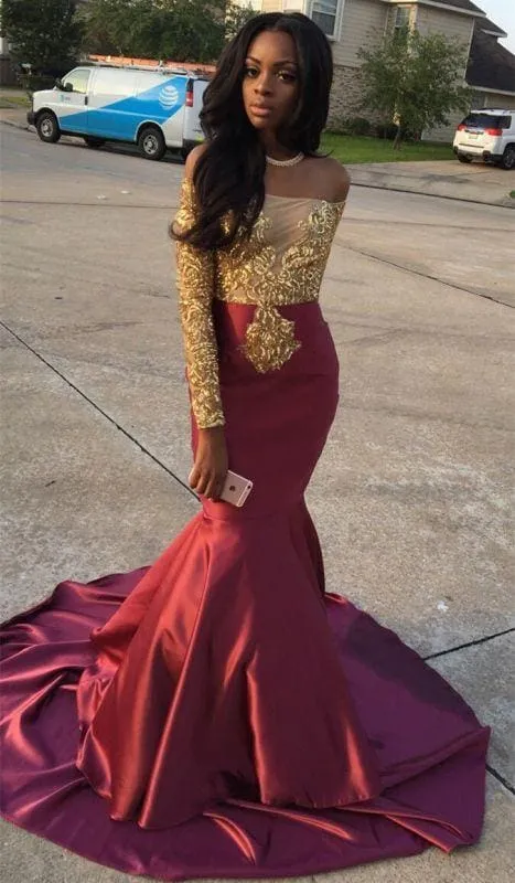 Bridelily Gold Lace Appliques Off The Shoulder Evening Gowns Long Sleeve Mermaid 2019 Prom Dress CE0071