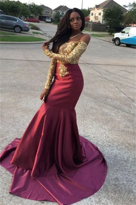 Bridelily Gold Lace Appliques Off The Shoulder Evening Gowns Long Sleeve Mermaid 2019 Prom Dress CE0071