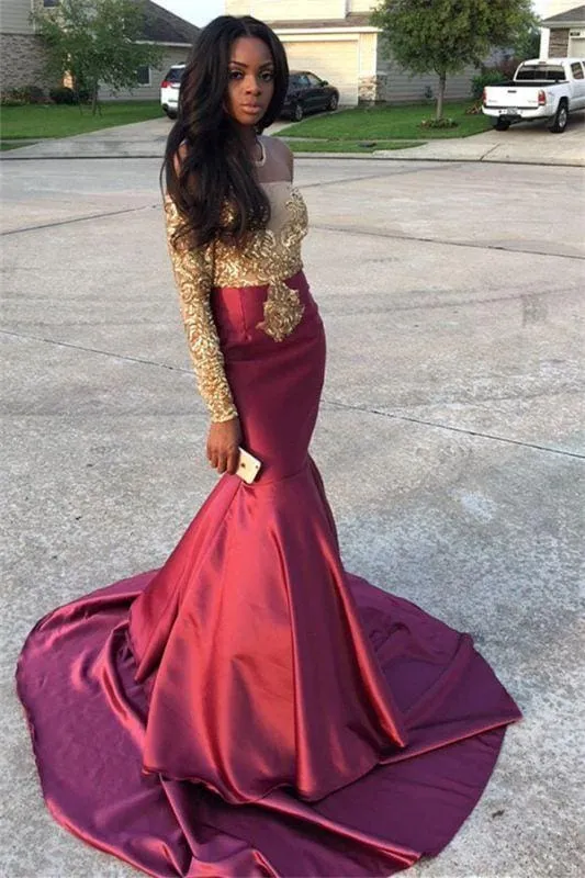 Bridelily Gold Lace Appliques Off The Shoulder Evening Gowns Long Sleeve Mermaid 2019 Prom Dress CE0071