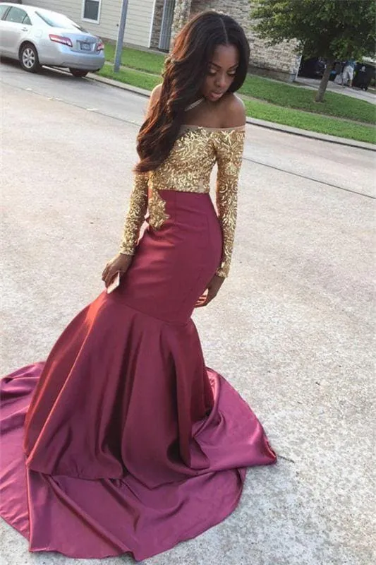 Bridelily Gold Lace Appliques Off The Shoulder Evening Gowns Long Sleeve Mermaid 2019 Prom Dress CE0071