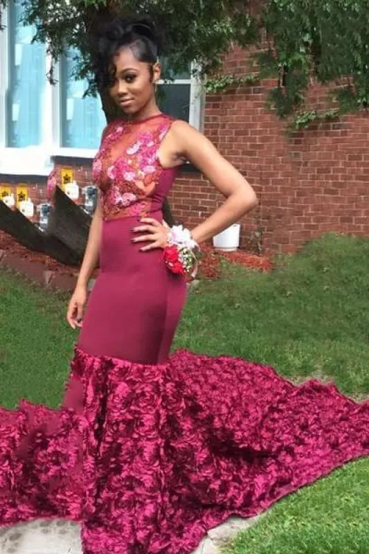 Bridelily Gorgeous Burgundy Mermaid Prom Dresses | Sexy Evening Gowns with Flowers Skirt