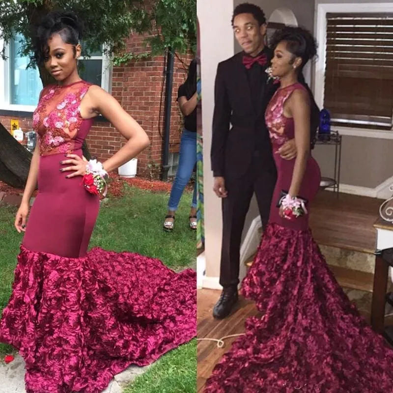 Bridelily Gorgeous Burgundy Mermaid Prom Dresses | Sexy Evening Gowns with Flowers Skirt
