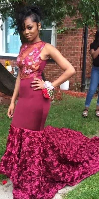 Bridelily Gorgeous Burgundy Mermaid Prom Dresses | Sexy Evening Gowns with Flowers Skirt