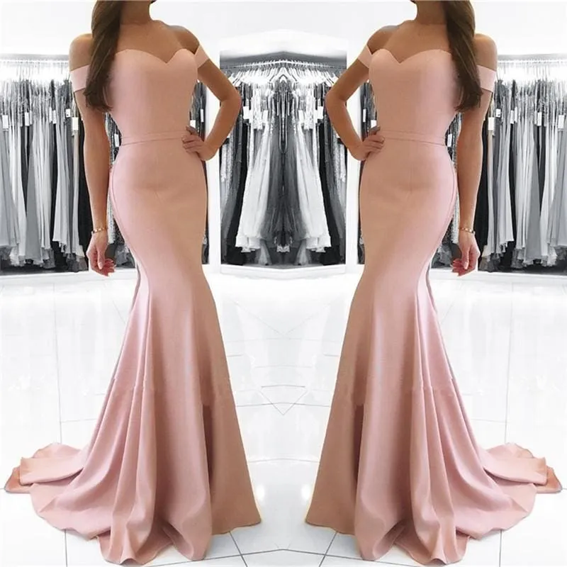 Bridelily Mermaid Pink Off The Shoulder Formal Dress Simpe Long Evening Dress FB0082