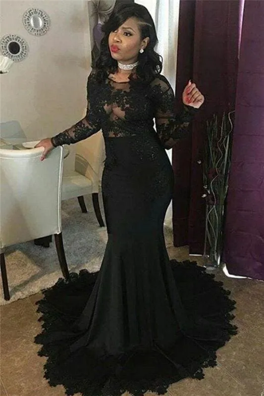 Bridelily Sexy Black Lace Tulle Prom Dresses | Mermaid Long Sleeve Cheap Evening Gown 2019 FB0277