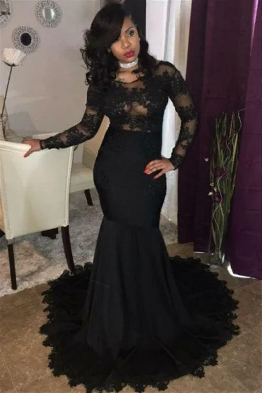 Bridelily Sexy Black Lace Tulle Prom Dresses | Mermaid Long Sleeve Cheap Evening Gown 2019 FB0277
