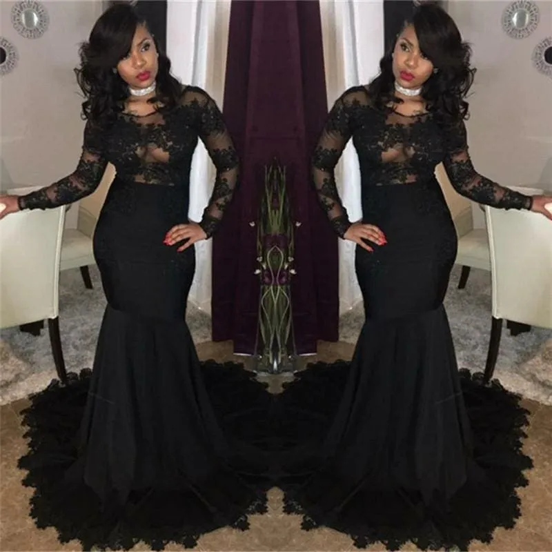 Bridelily Sexy Black Lace Tulle Prom Dresses | Mermaid Long Sleeve Cheap Evening Gown 2019 FB0277