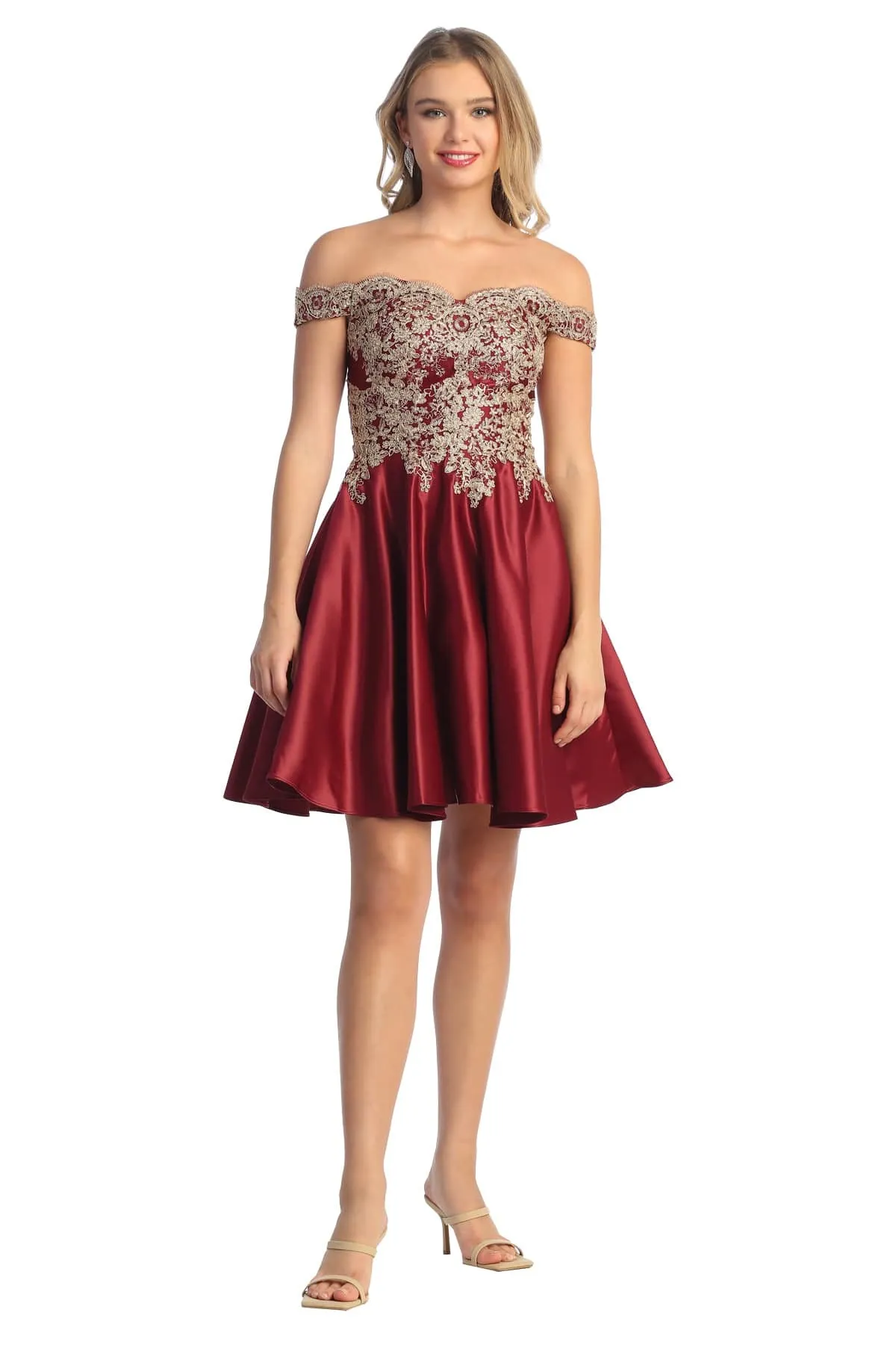 Cindy Collection 1648 Off Shoulder Lace & Satin Short Dress