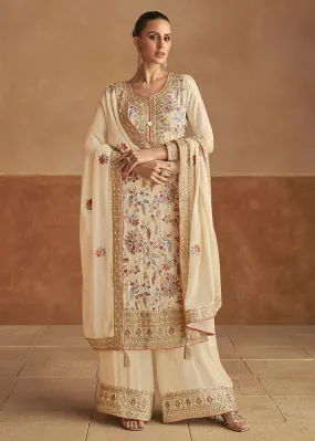 Cream Chinon Silk Embroidered Suit Set with Dupatta