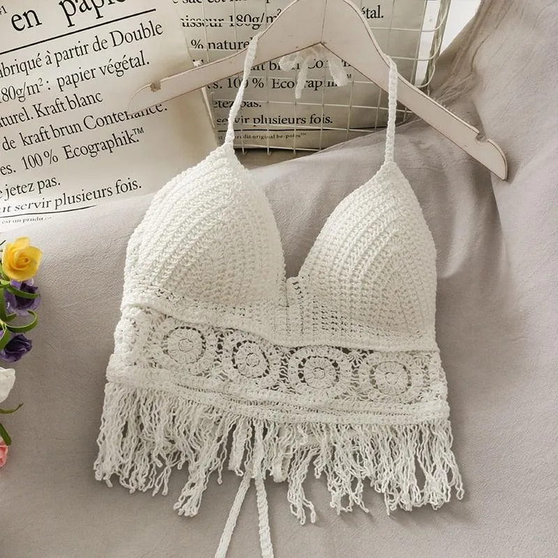 Crochet Tassel Halter Neck Crop Top