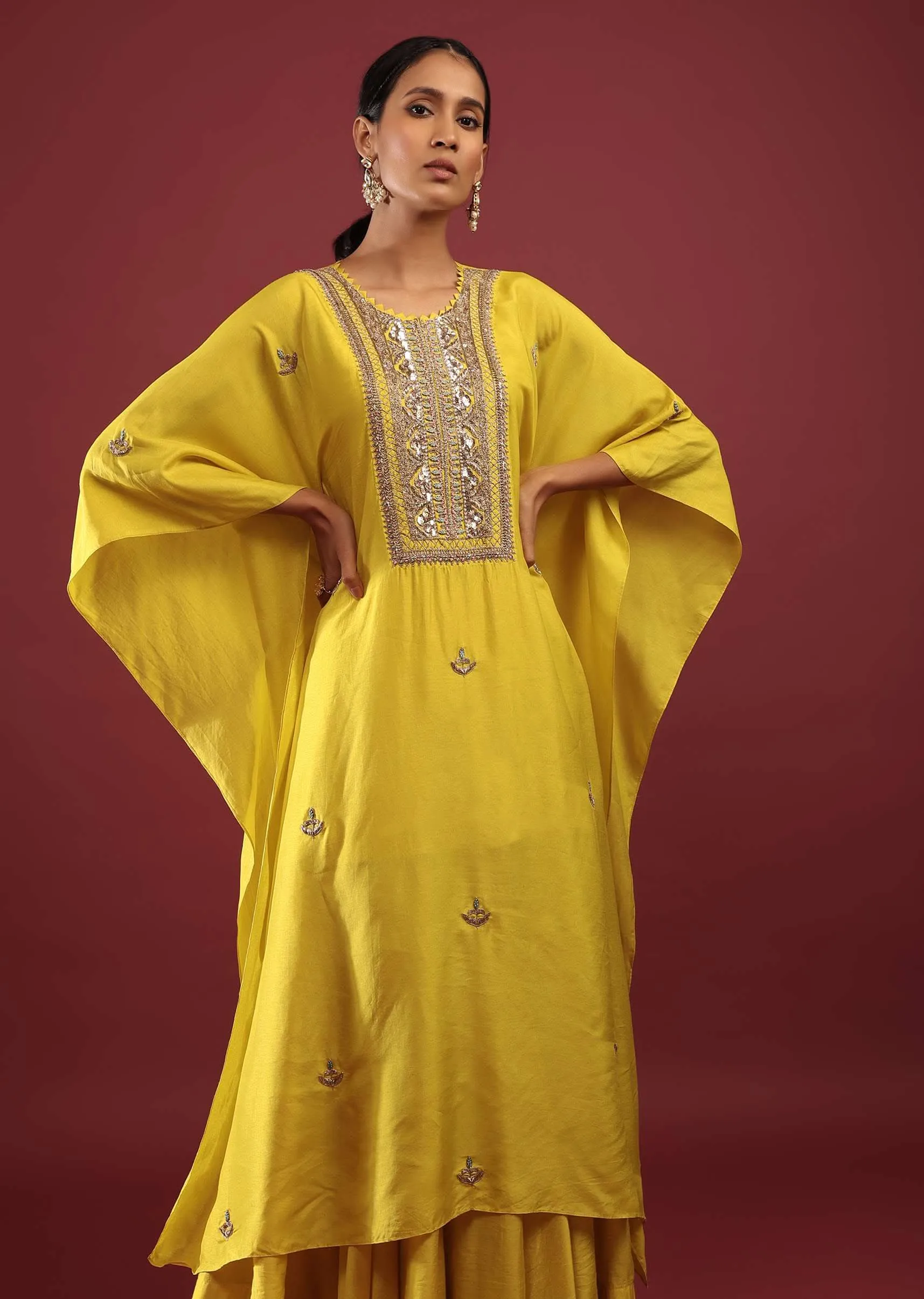 Cyber Yellow Kaftan Suit With High Low Palazzo Pants And Zardosi Embroidered Yoke Design