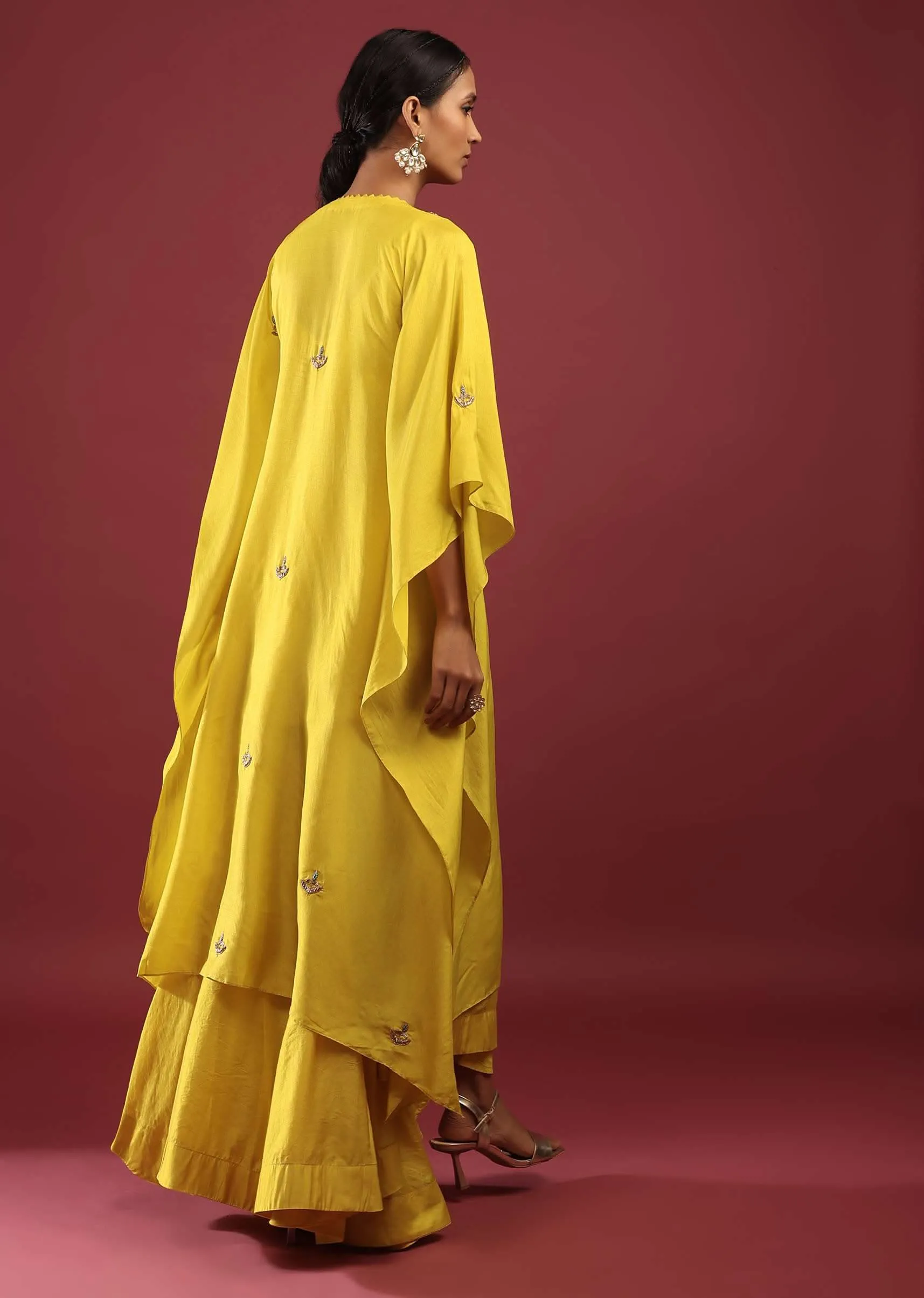 Cyber Yellow Kaftan Suit With High Low Palazzo Pants And Zardosi Embroidered Yoke Design