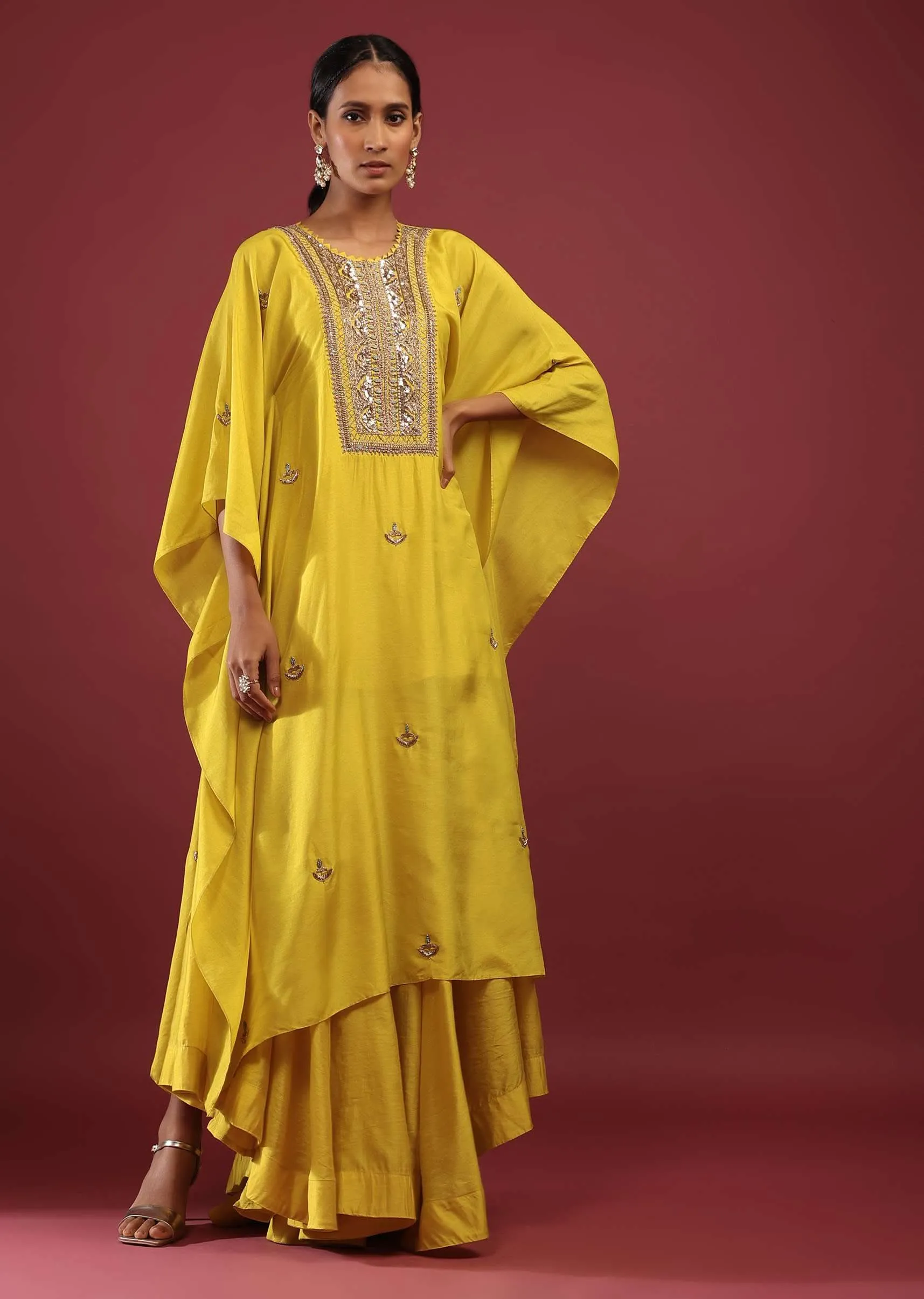 Cyber Yellow Kaftan Suit With High Low Palazzo Pants And Zardosi Embroidered Yoke Design