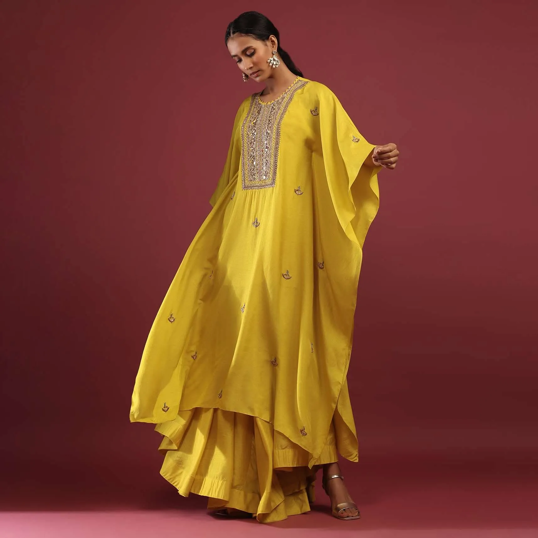 Cyber Yellow Kaftan Suit With High Low Palazzo Pants And Zardosi Embroidered Yoke Design