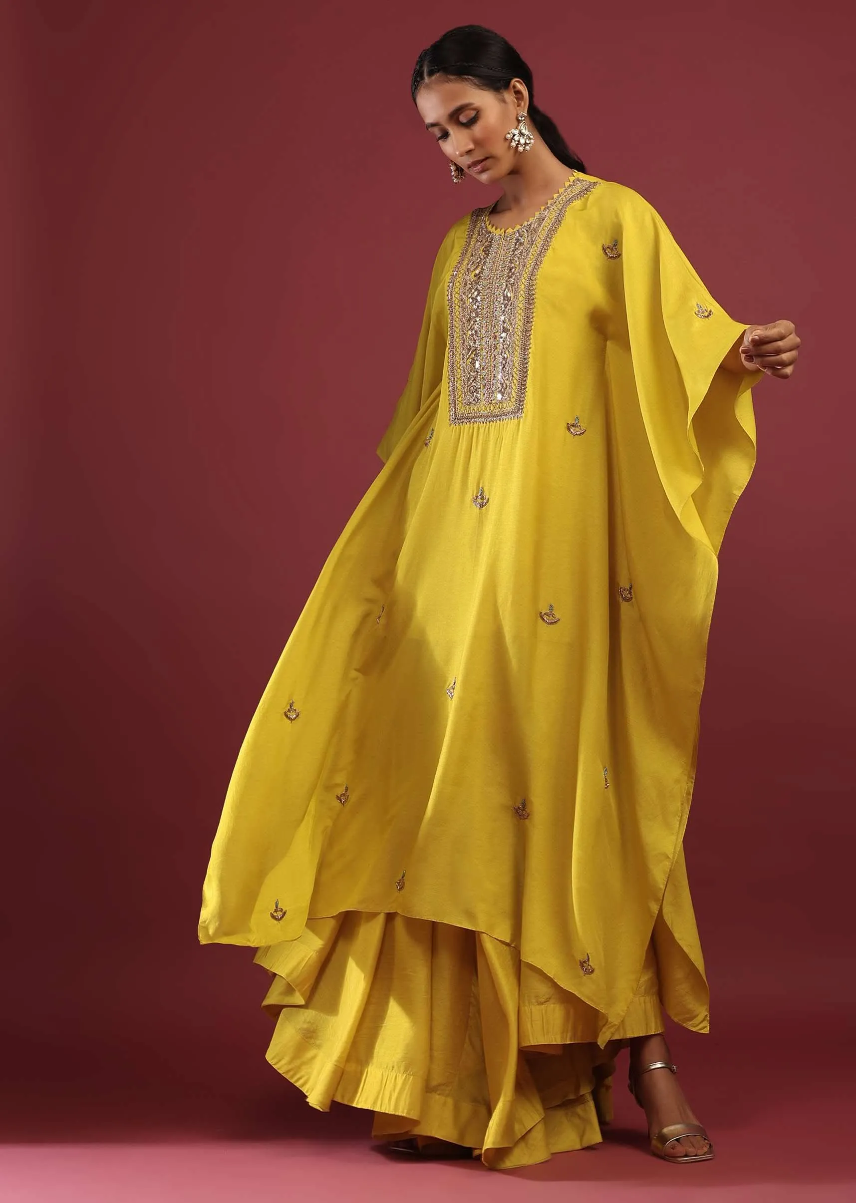 Cyber Yellow Kaftan Suit With High Low Palazzo Pants And Zardosi Embroidered Yoke Design