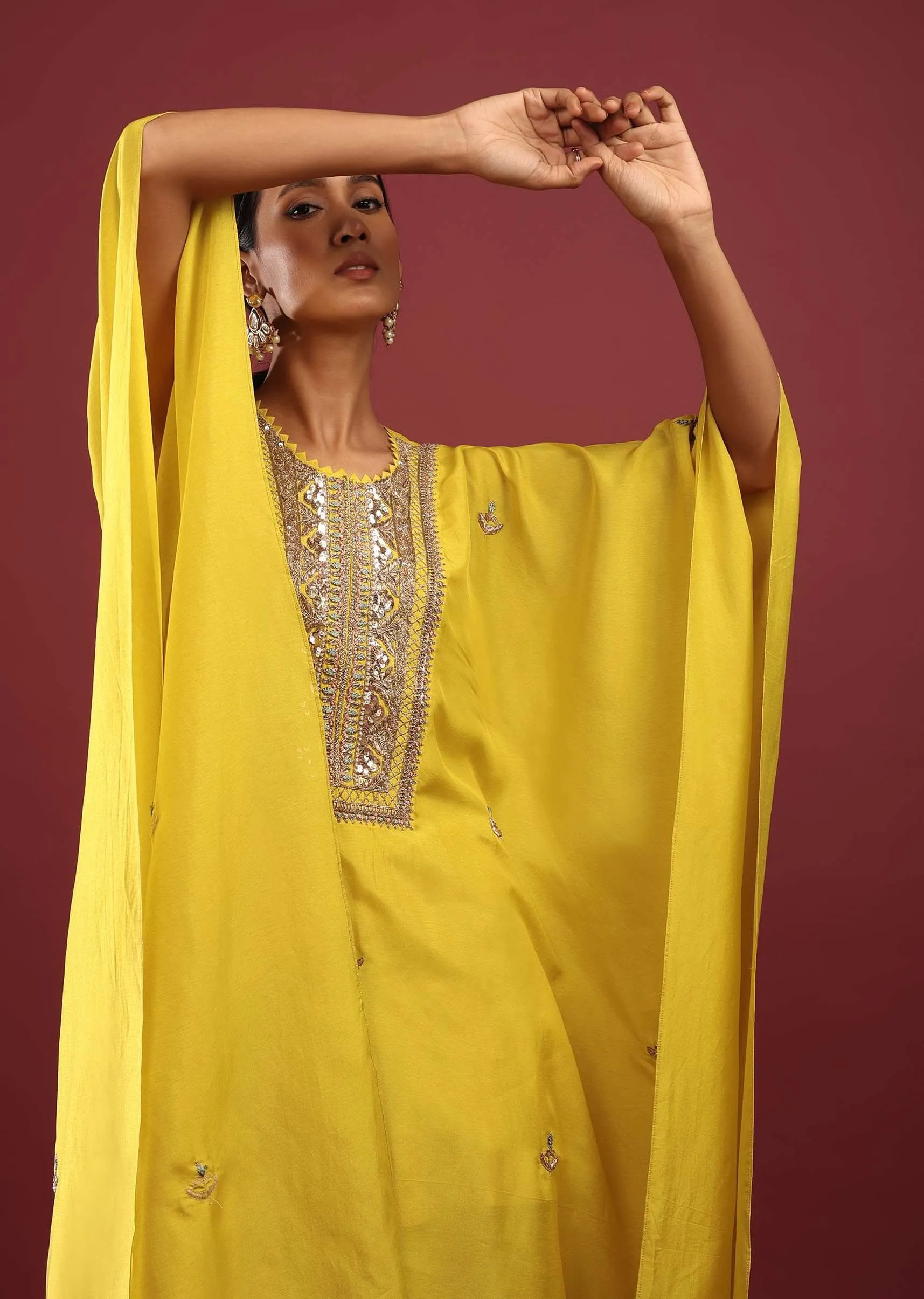Cyber Yellow Kaftan Suit With High Low Palazzo Pants And Zardosi Embroidered Yoke Design