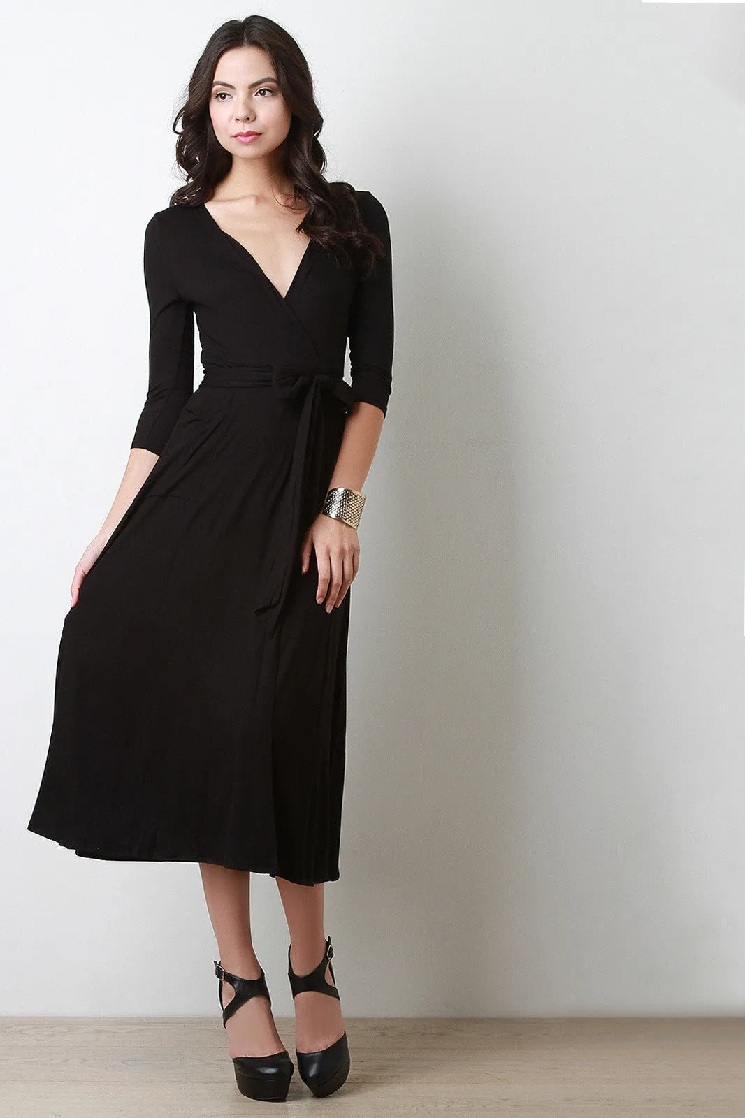 Deep Slit Wrap Side Midi Dress