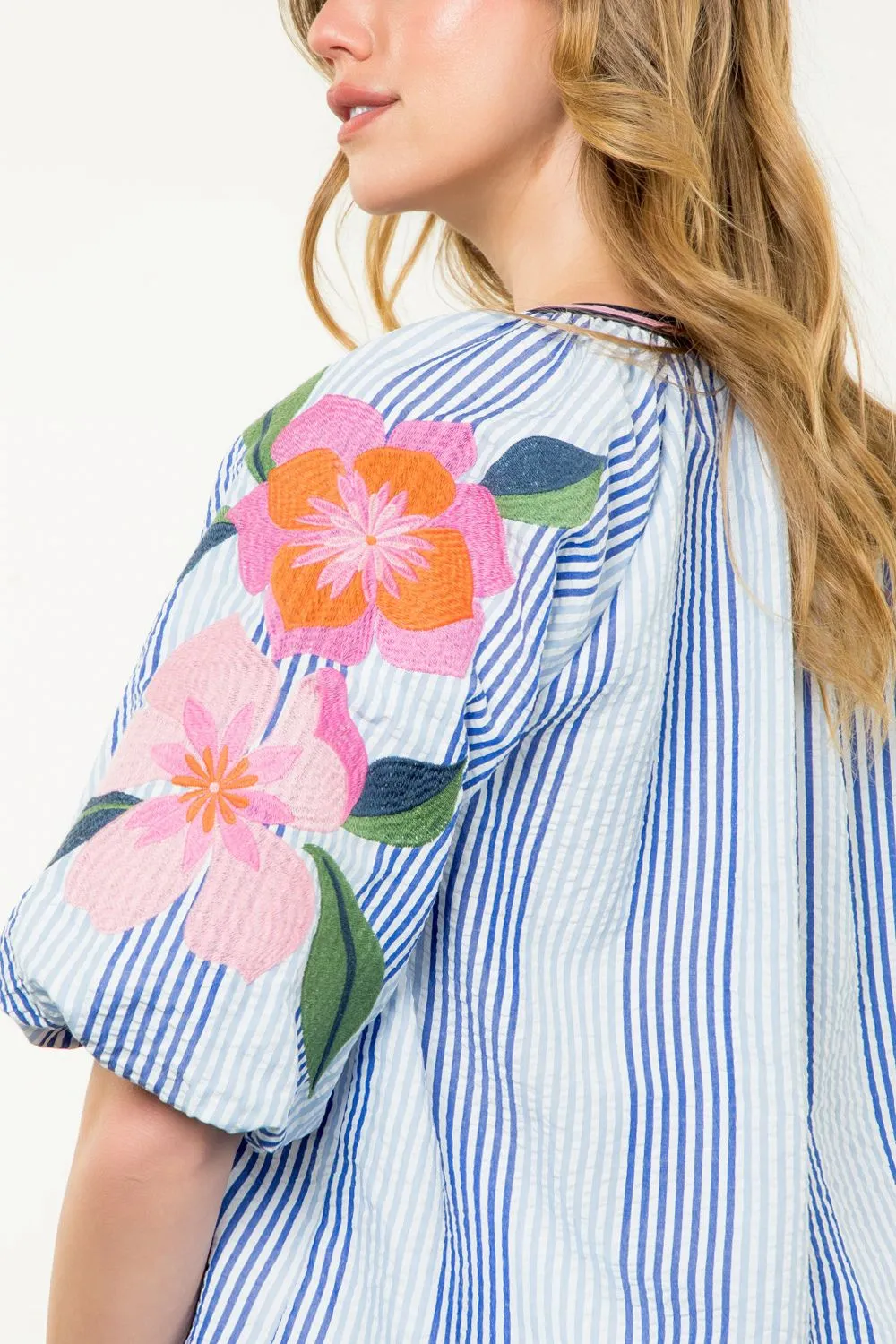 Embroidered Flower Puff Top by THML