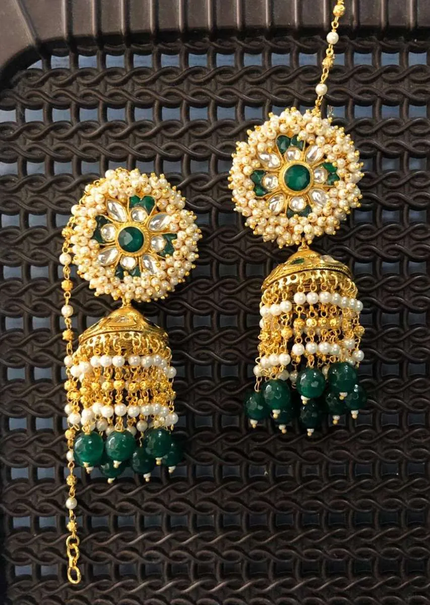 Emerald Green Jhumkas With Green Semi-Precious Stones And Pearl Fringes Online - By Kripa Pranay