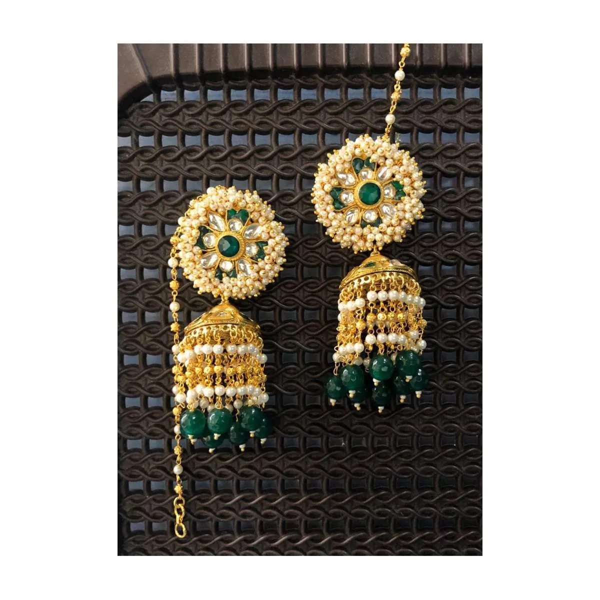 Emerald Green Jhumkas With Green Semi-Precious Stones And Pearl Fringes Online - By Kripa Pranay