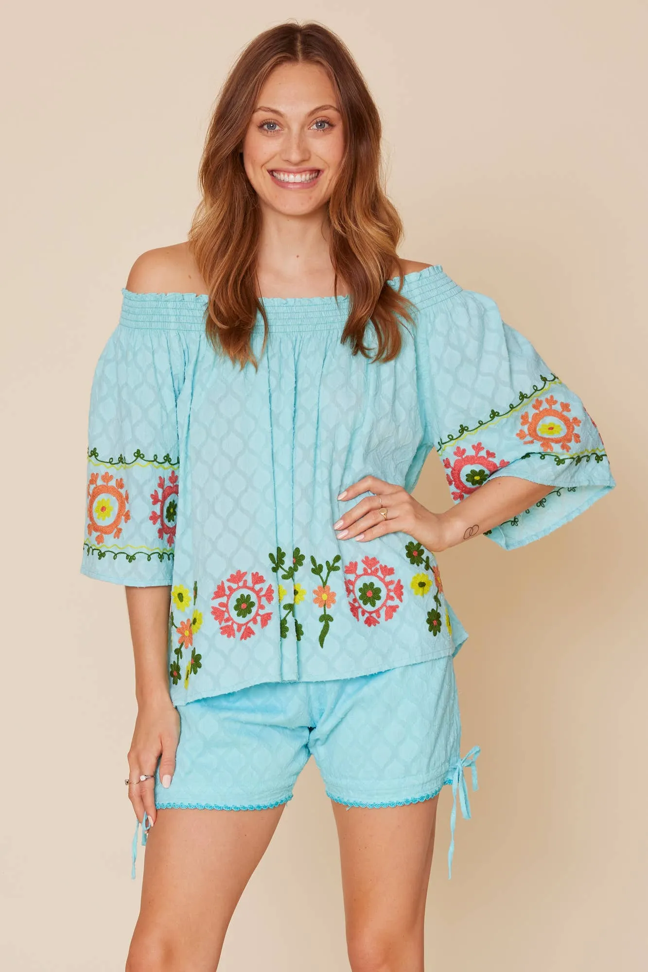Enrica Off the Shoulder Embroidered Floral Top in Aqua Blue