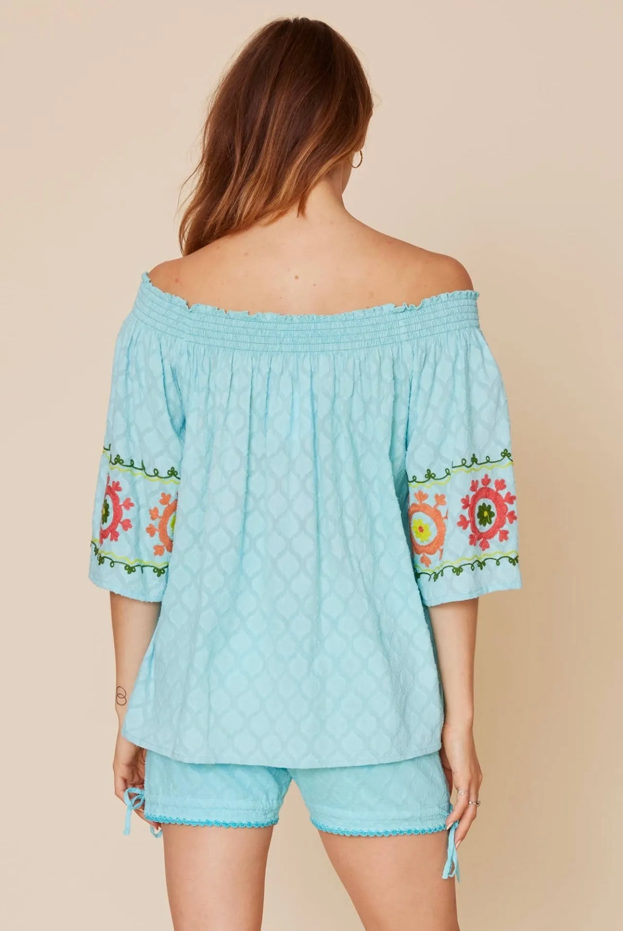 Enrica Off the Shoulder Embroidered Floral Top in Aqua Blue