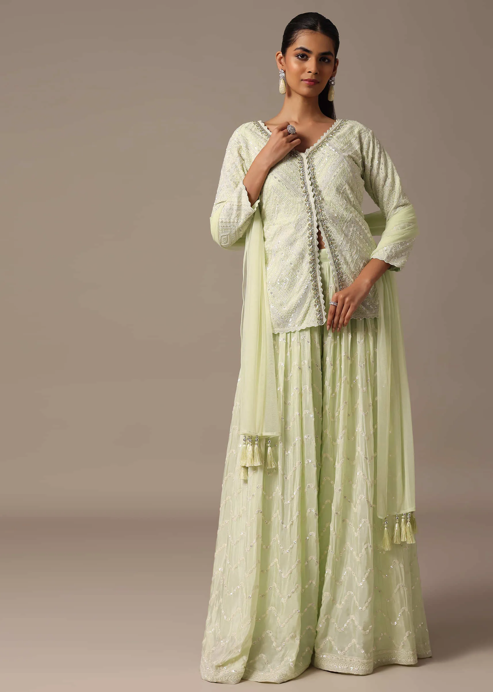 Green Kurta Palazzo Set With Dupatta In Thread Work