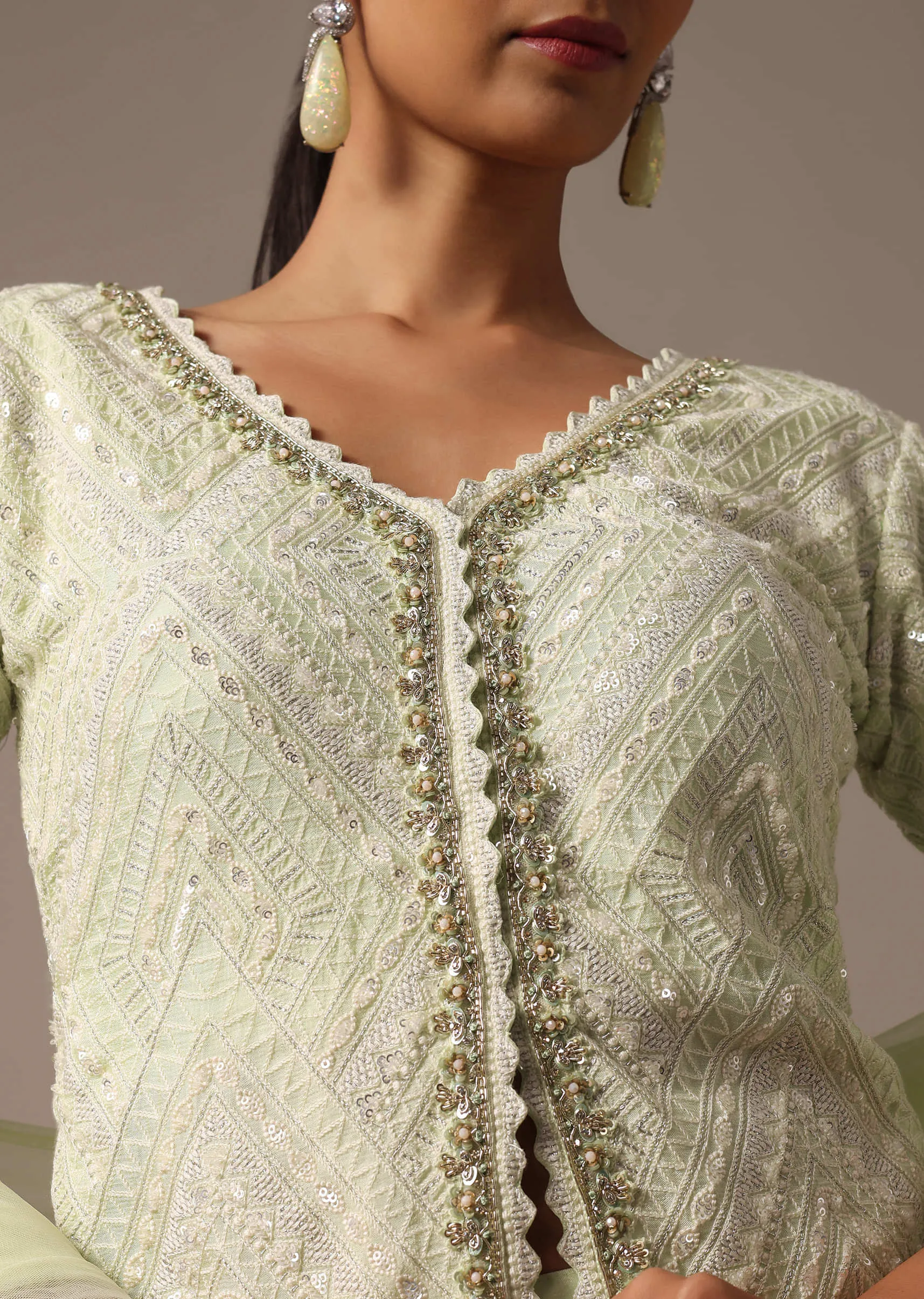 Green Kurta Palazzo Set With Dupatta In Thread Work