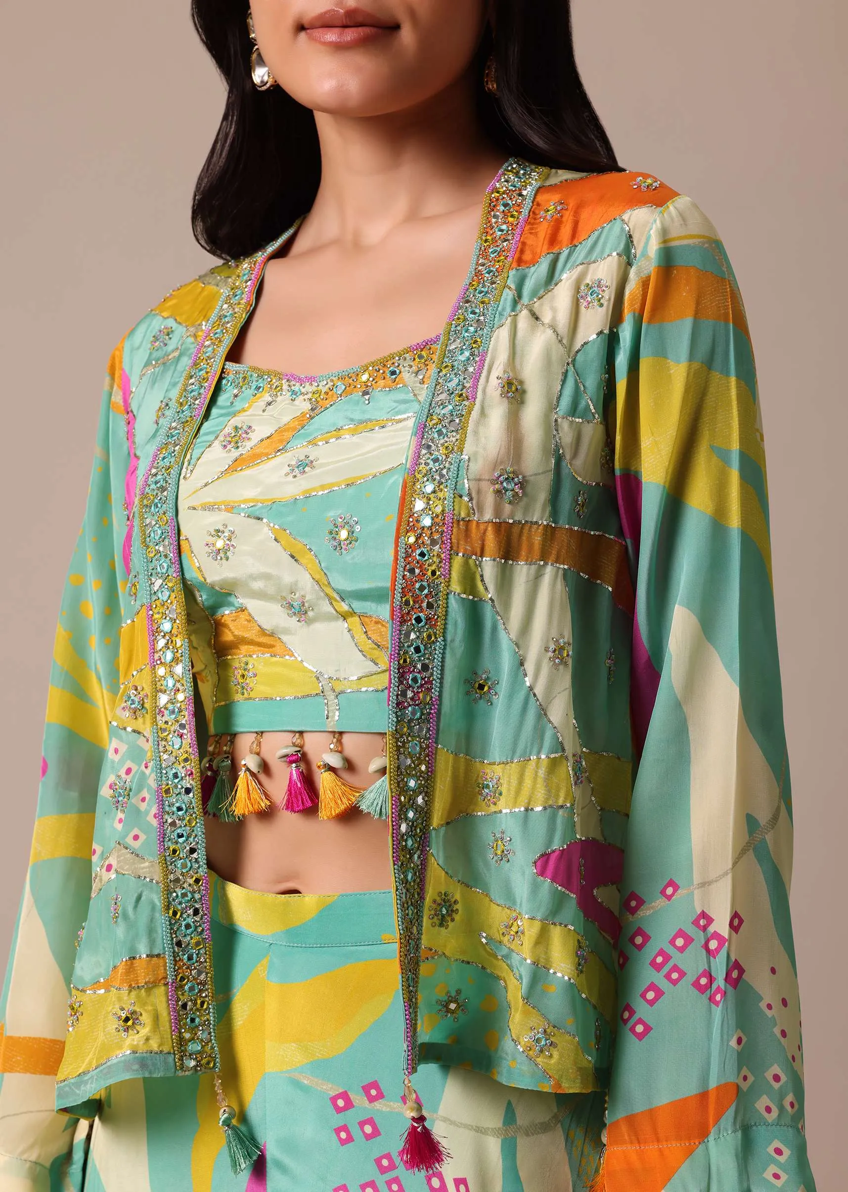 Green Printed Jacket And Crop Top Set With Embroidered Work