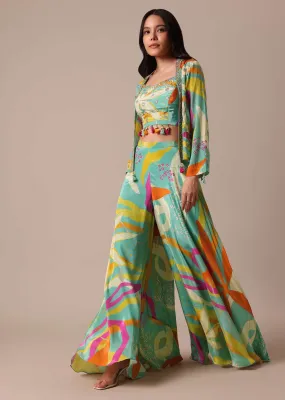 Green Printed Jacket And Crop Top Set With Embroidered Work