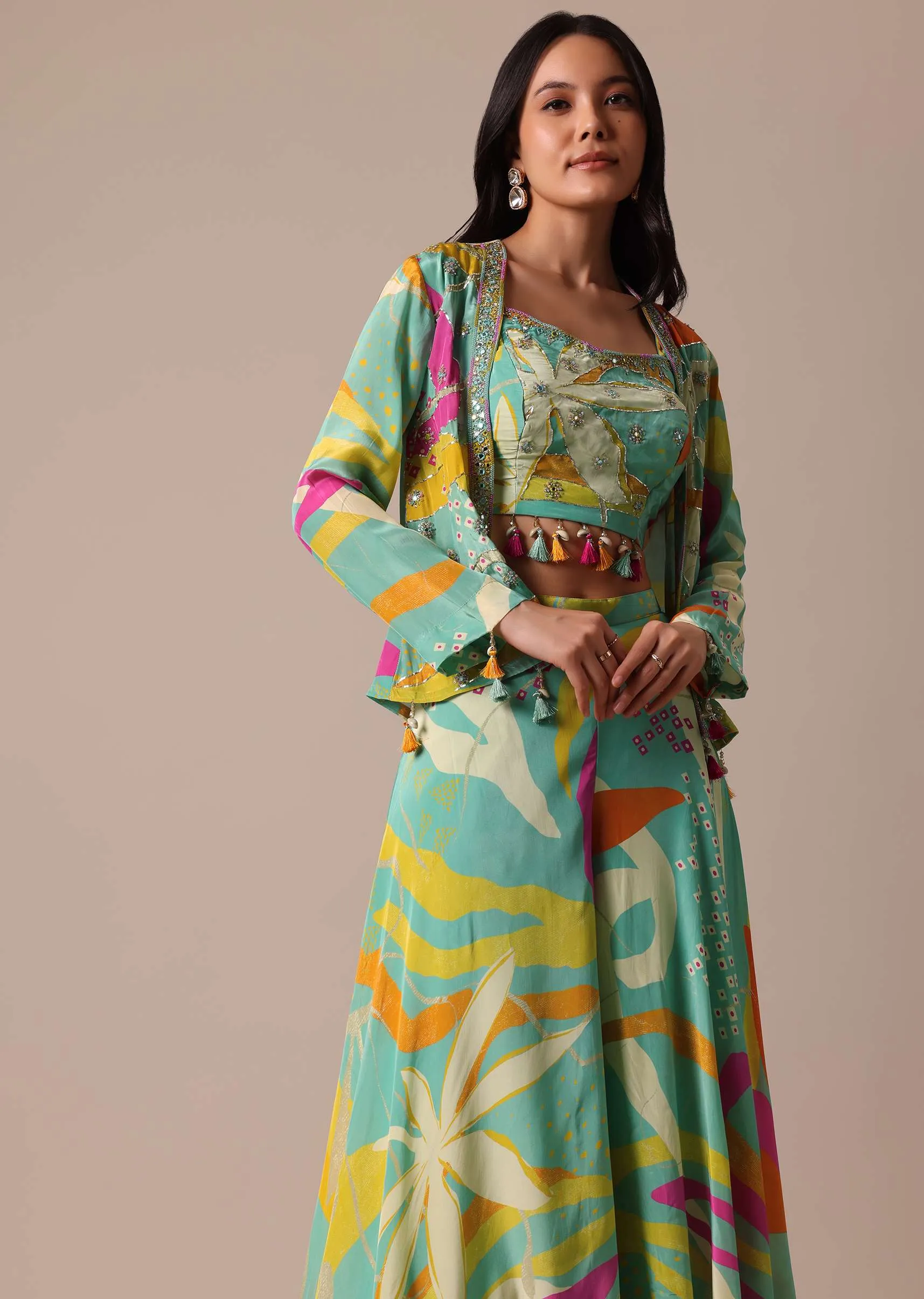 Green Printed Jacket And Crop Top Set With Embroidered Work