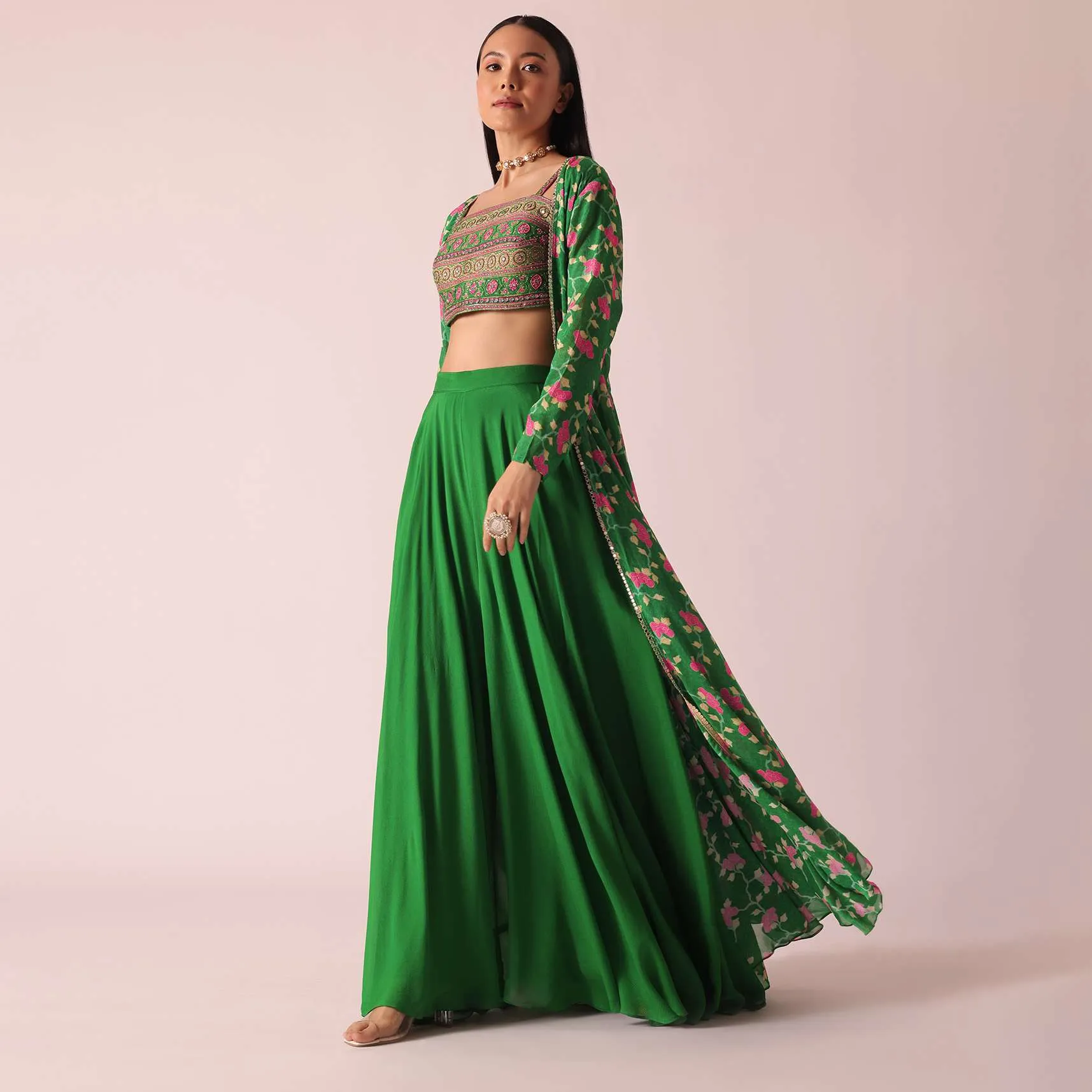 Green Printed Jacket And Palazzo Set