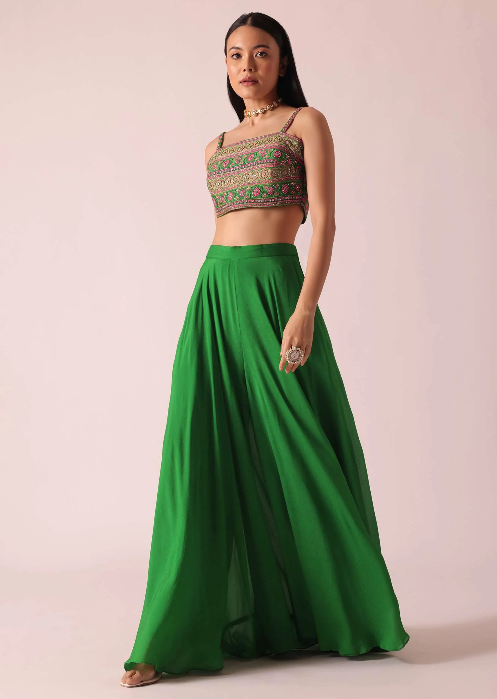 Green Printed Jacket And Palazzo Set