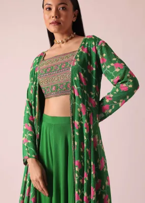 Green Printed Jacket And Palazzo Set