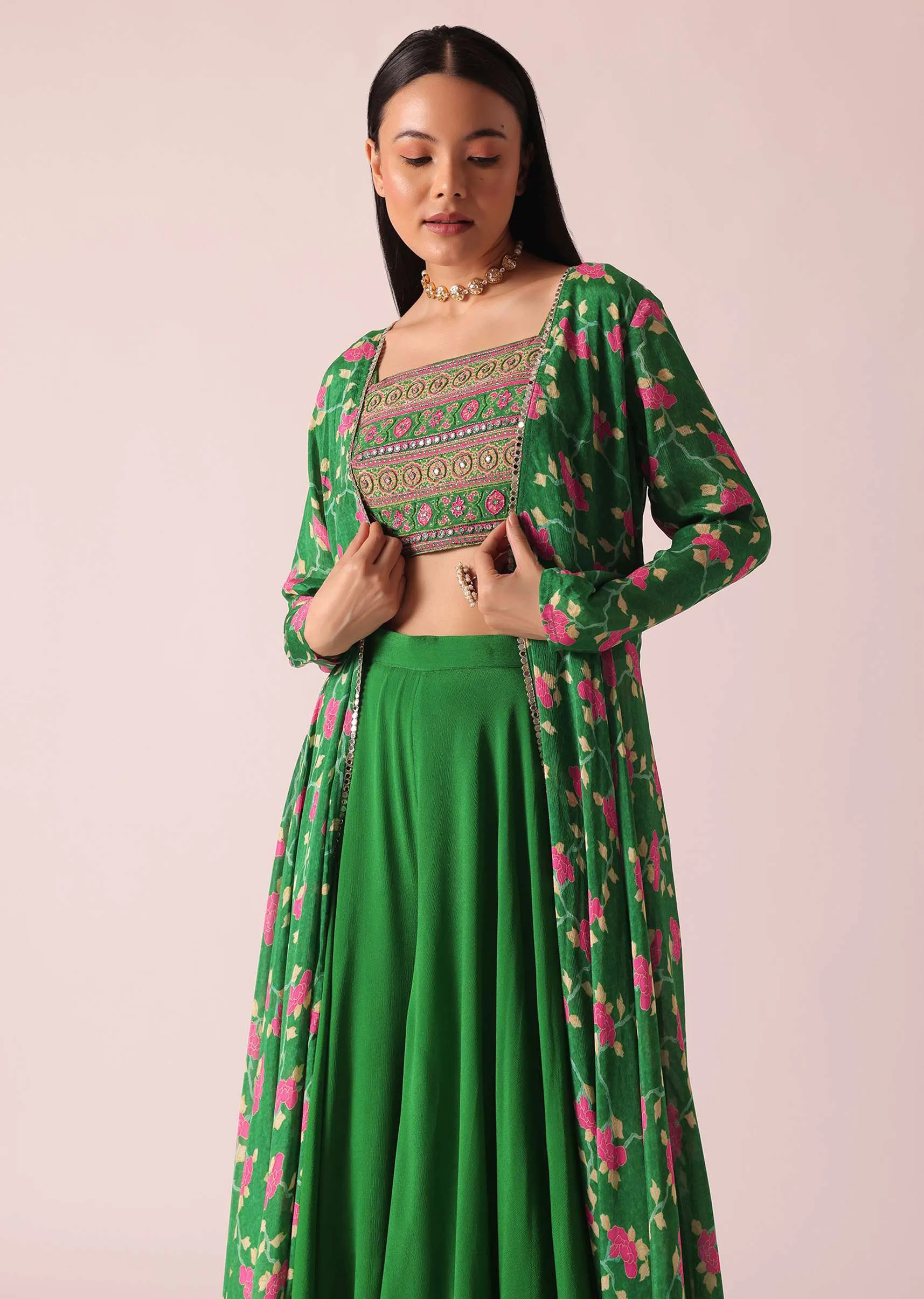 Green Printed Jacket And Palazzo Set