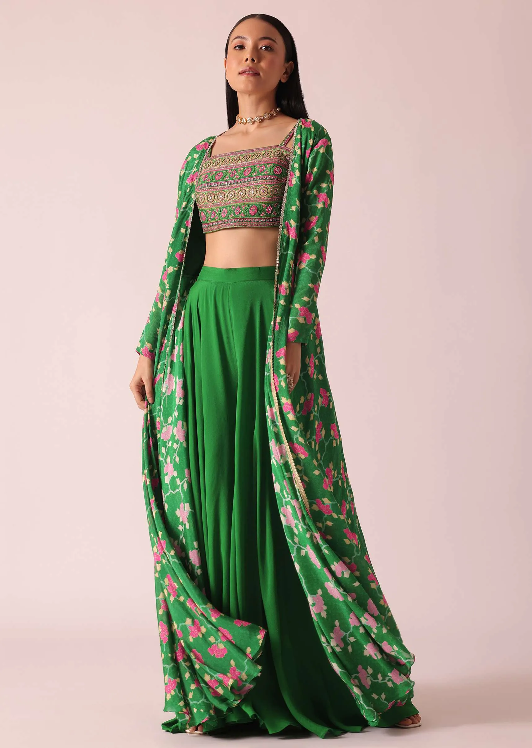 Green Printed Jacket And Palazzo Set