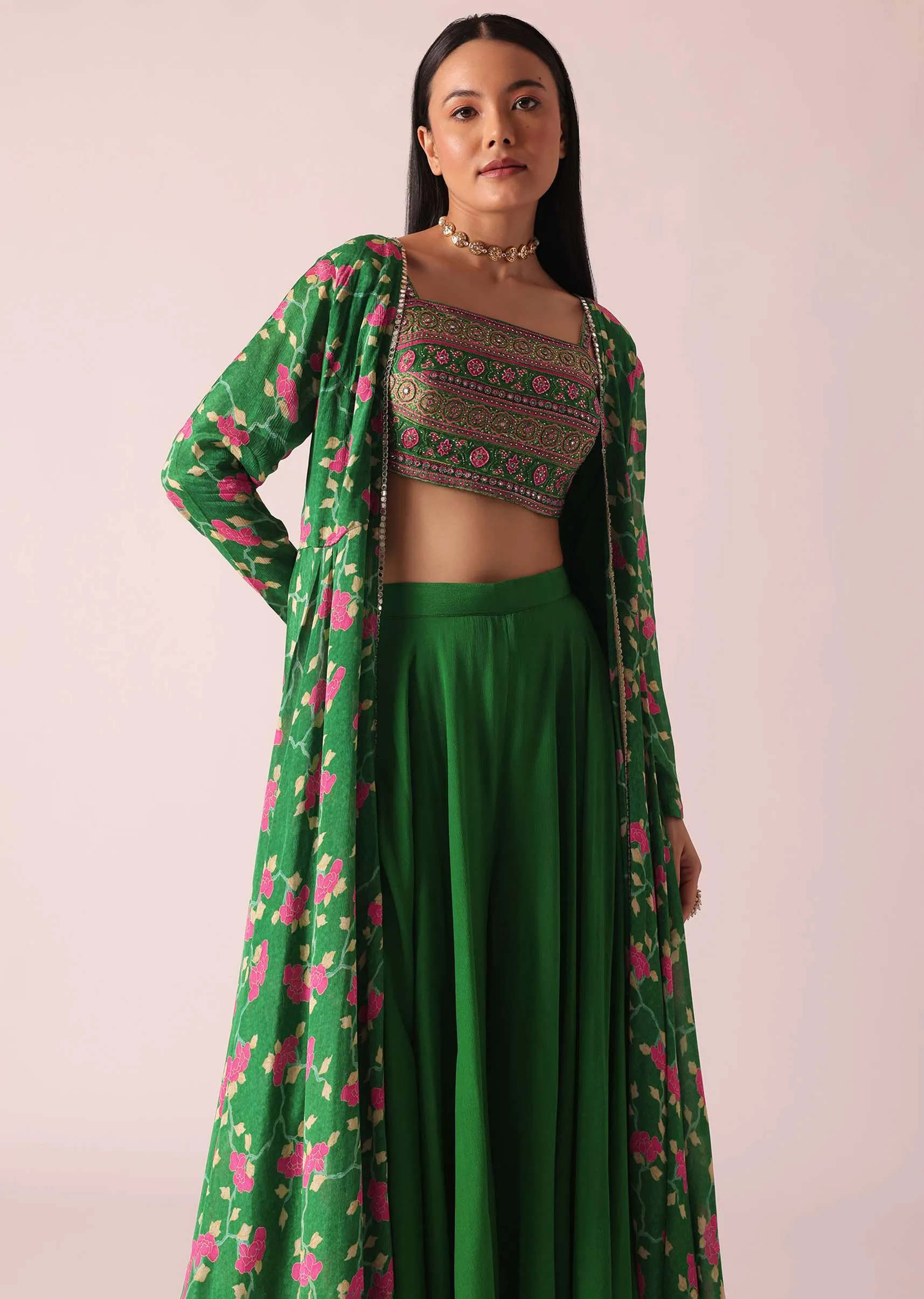 Green Printed Jacket And Palazzo Set