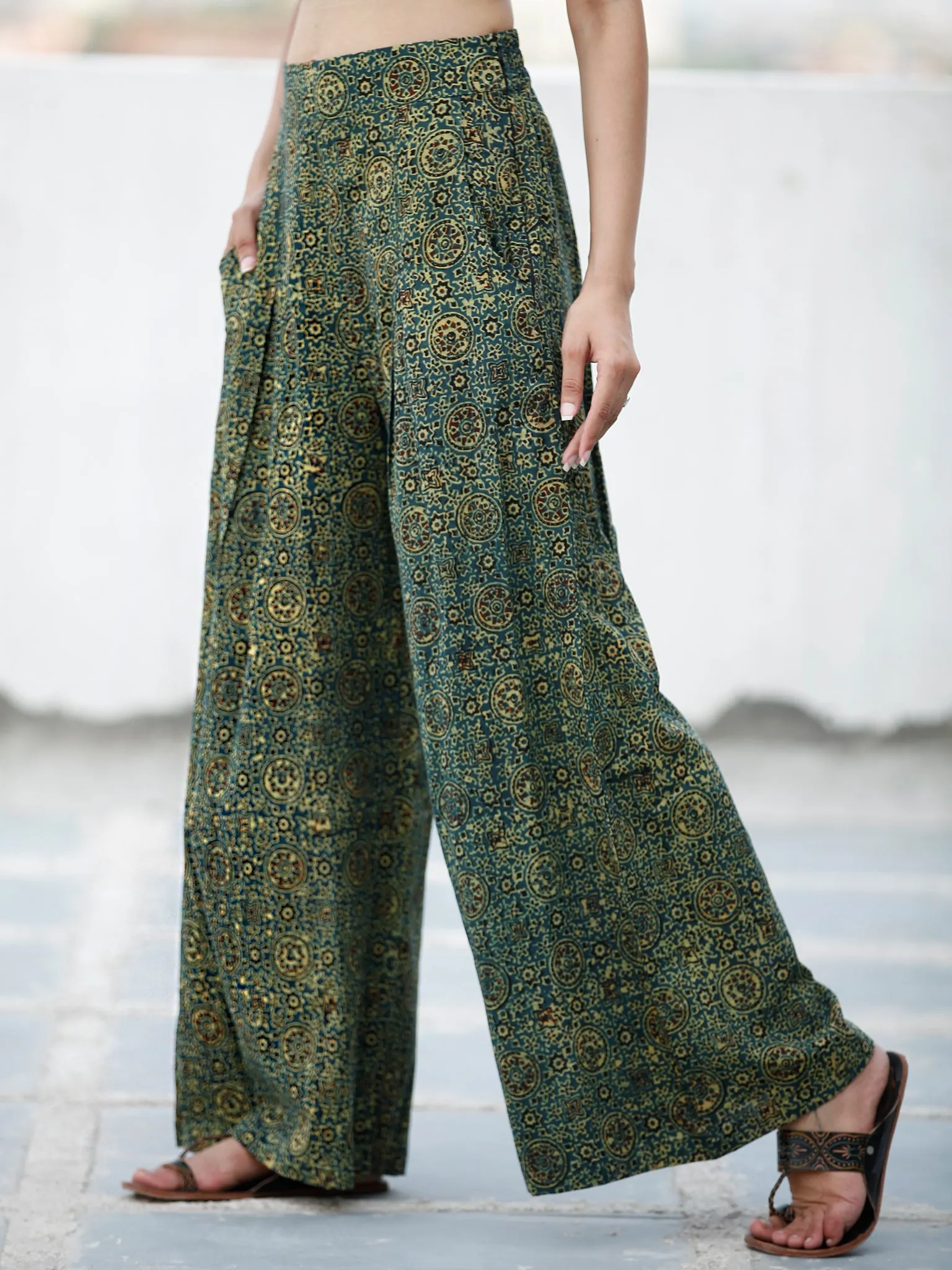 Green Yellow Black Ajrakh Hand Block Printed Semi Elasticated Waist Pleated Cotton Palazzo - P11F1682