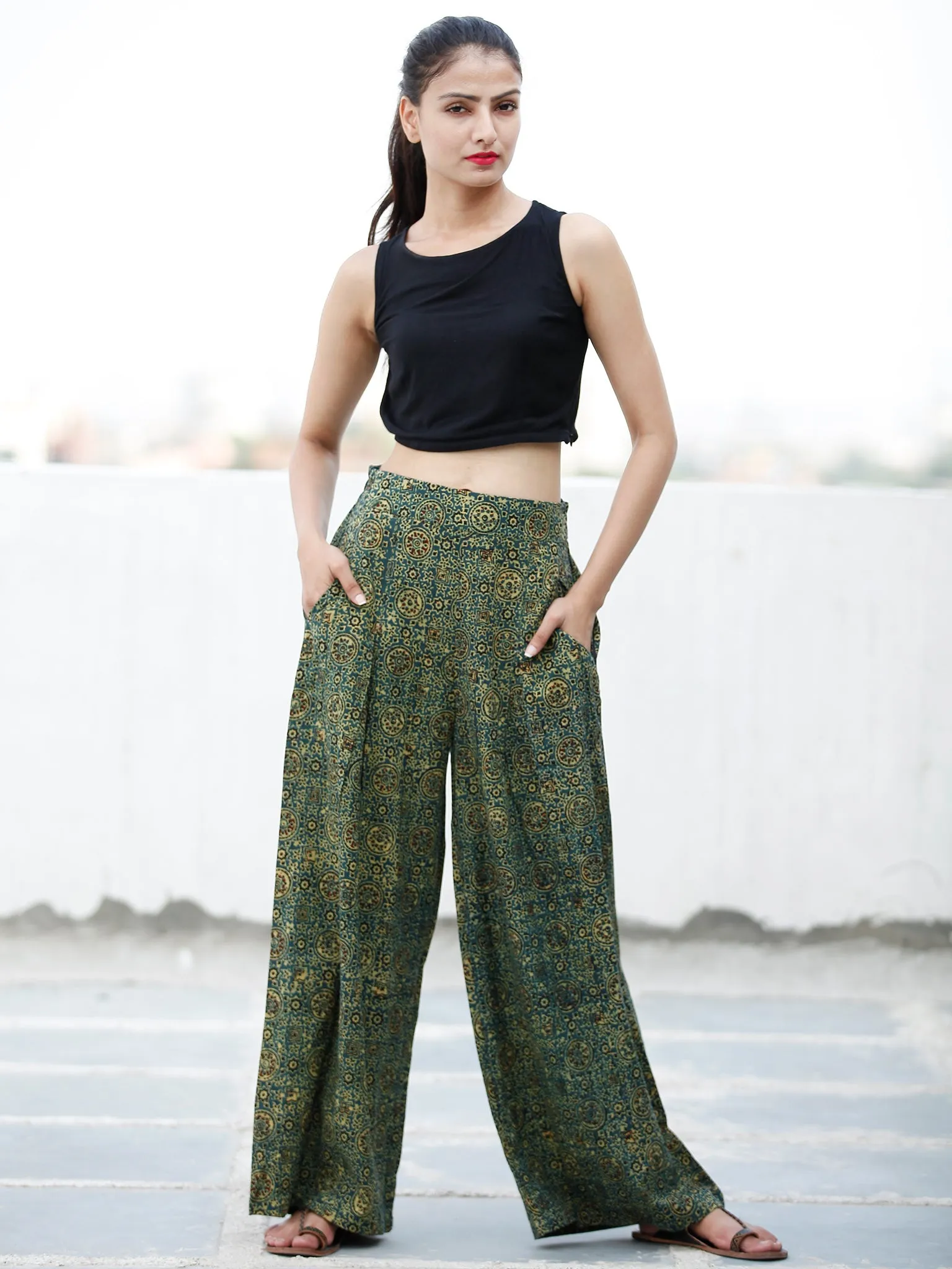 Green Yellow Black Ajrakh Hand Block Printed Semi Elasticated Waist Pleated Cotton Palazzo - P11F1682