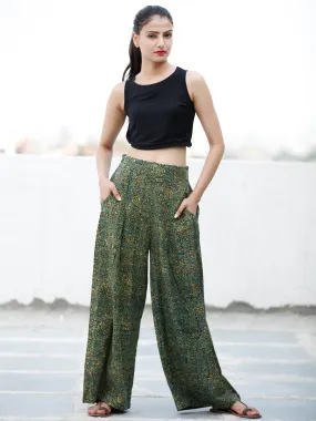 Green Yellow Black Ajrakh Hand Block Printed Semi Elasticated Waist Pleated Cotton Palazzo - P11F1682