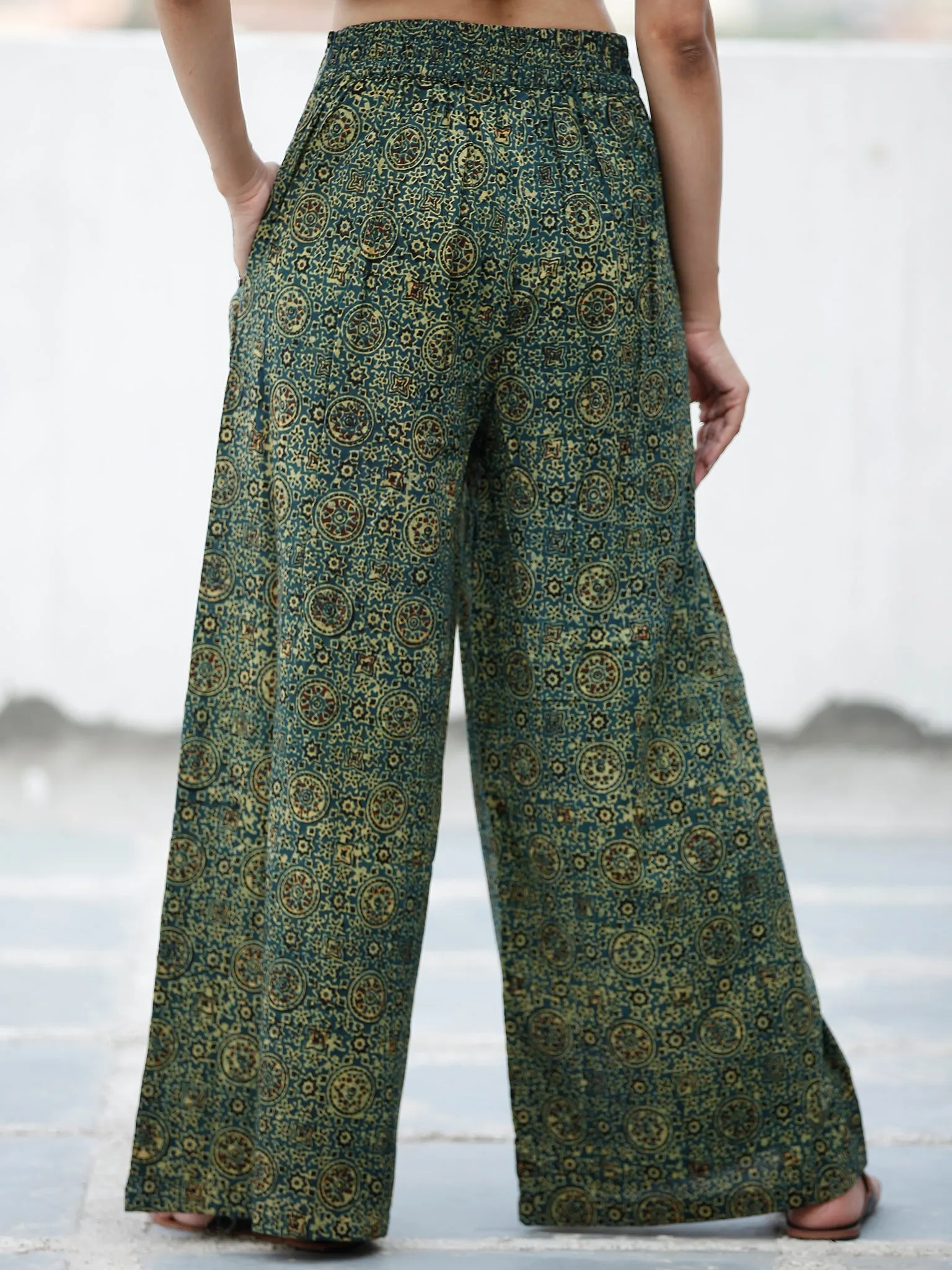 Green Yellow Black Ajrakh Hand Block Printed Semi Elasticated Waist Pleated Cotton Palazzo - P11F1682