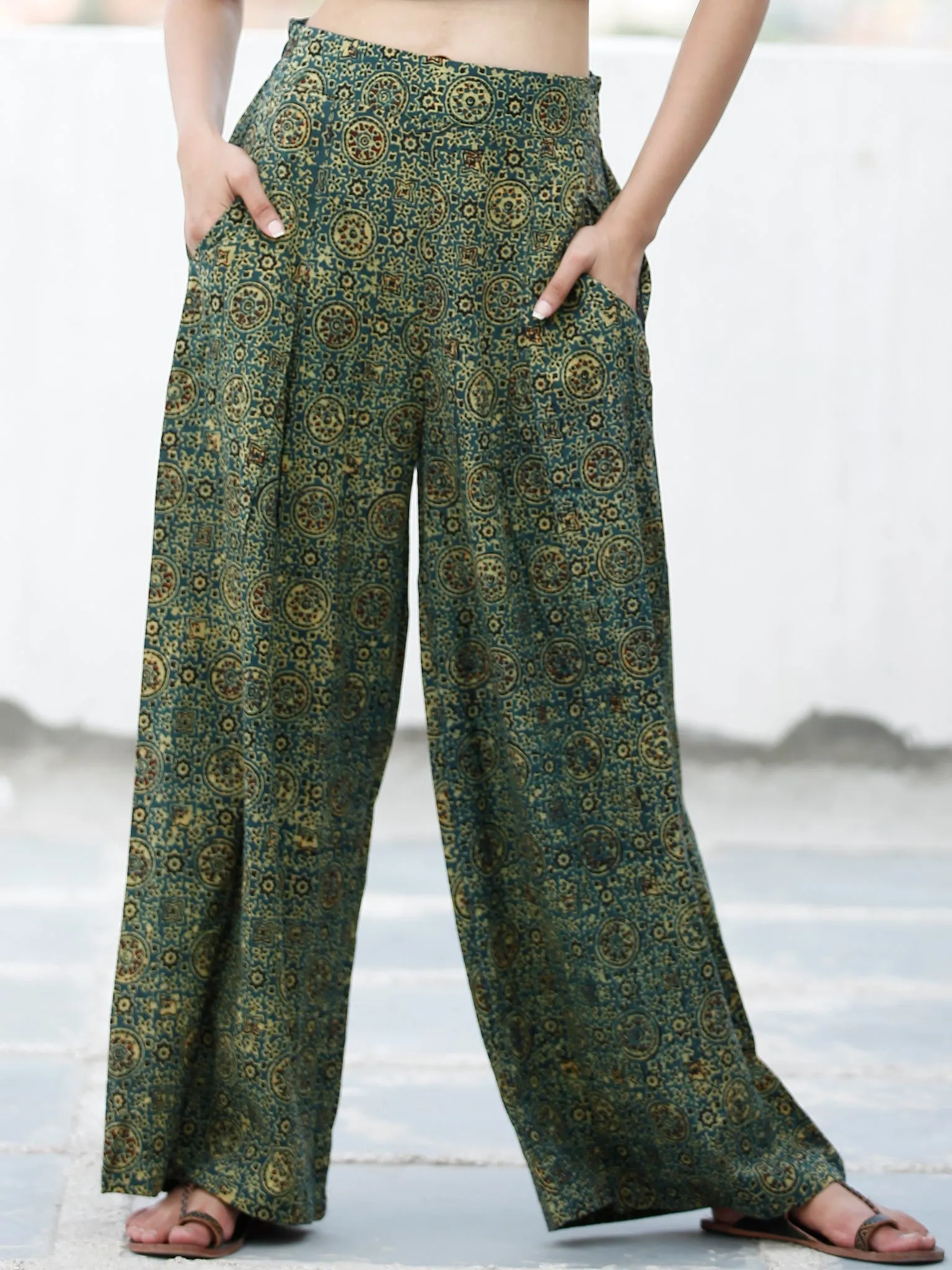 Green Yellow Black Ajrakh Hand Block Printed Semi Elasticated Waist Pleated Cotton Palazzo - P11F1682