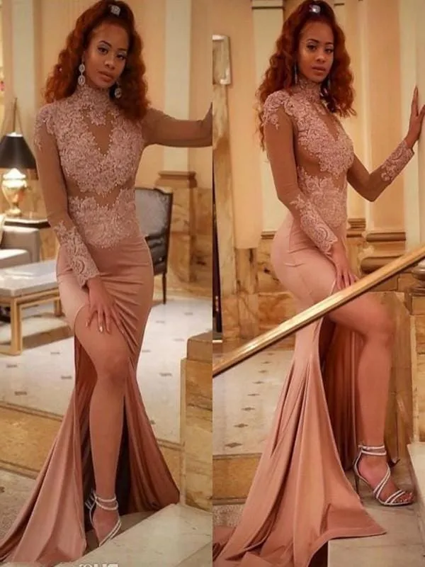 High Neck Sweep/Brush Train With Applique Elastic Woven Satin Dresses