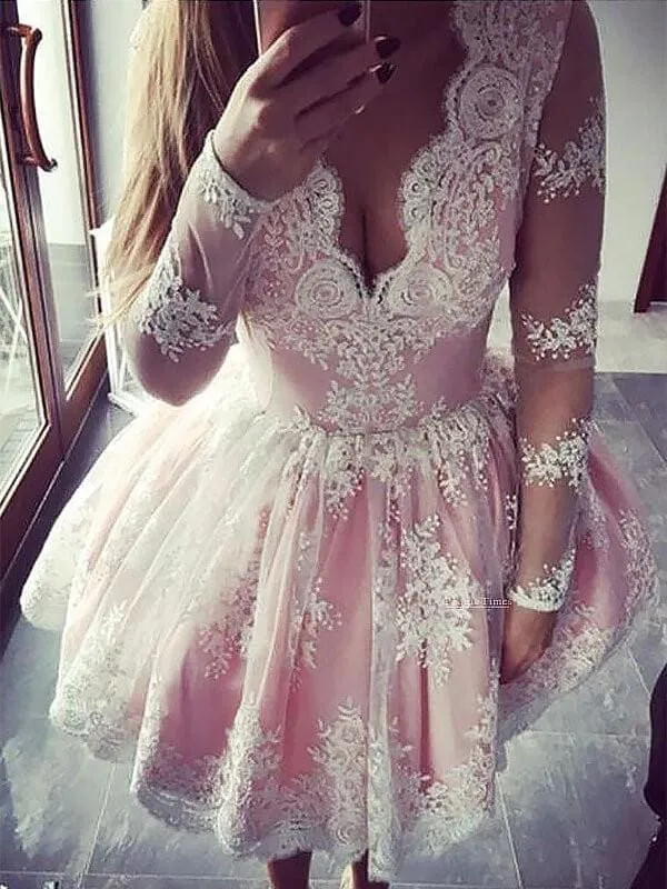 Lace V-neck Long A-line Sleeves Short/Mini With Ruffles Dresses