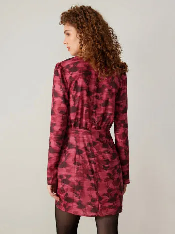 Leaf print v-neck wrap mini dress in wine