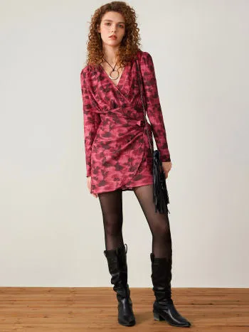 Leaf print v-neck wrap mini dress in wine