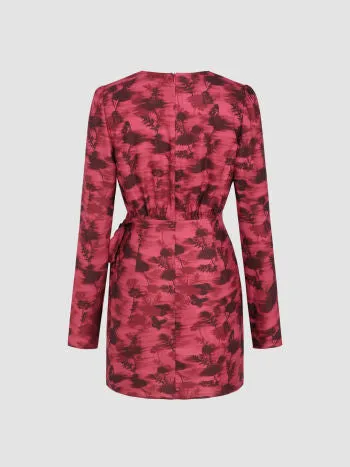 Leaf print v-neck wrap mini dress in wine