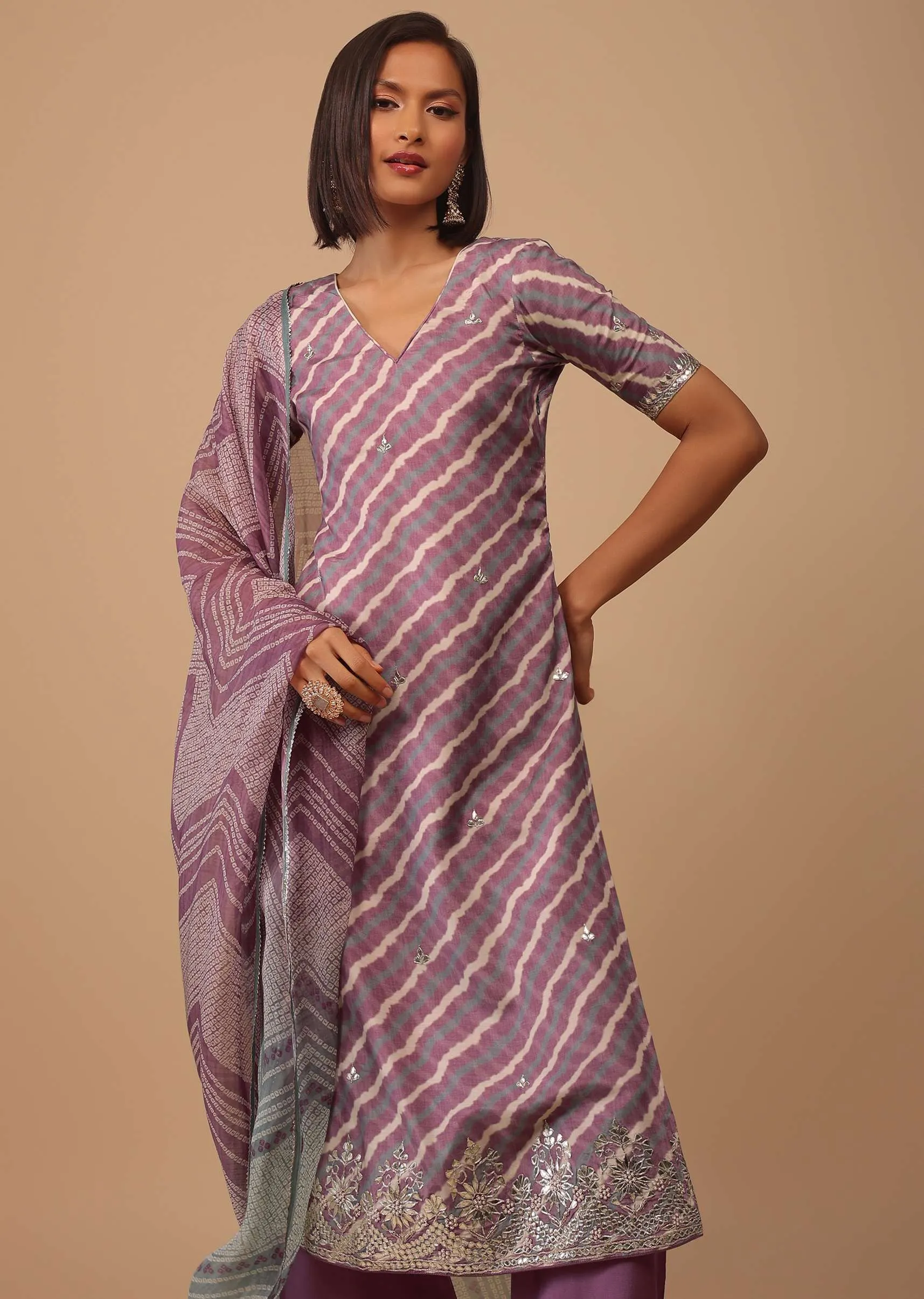 Mauve Purple Embroidered Leheriya Printed Cotton Palazzo Suit With Printed Dupatta