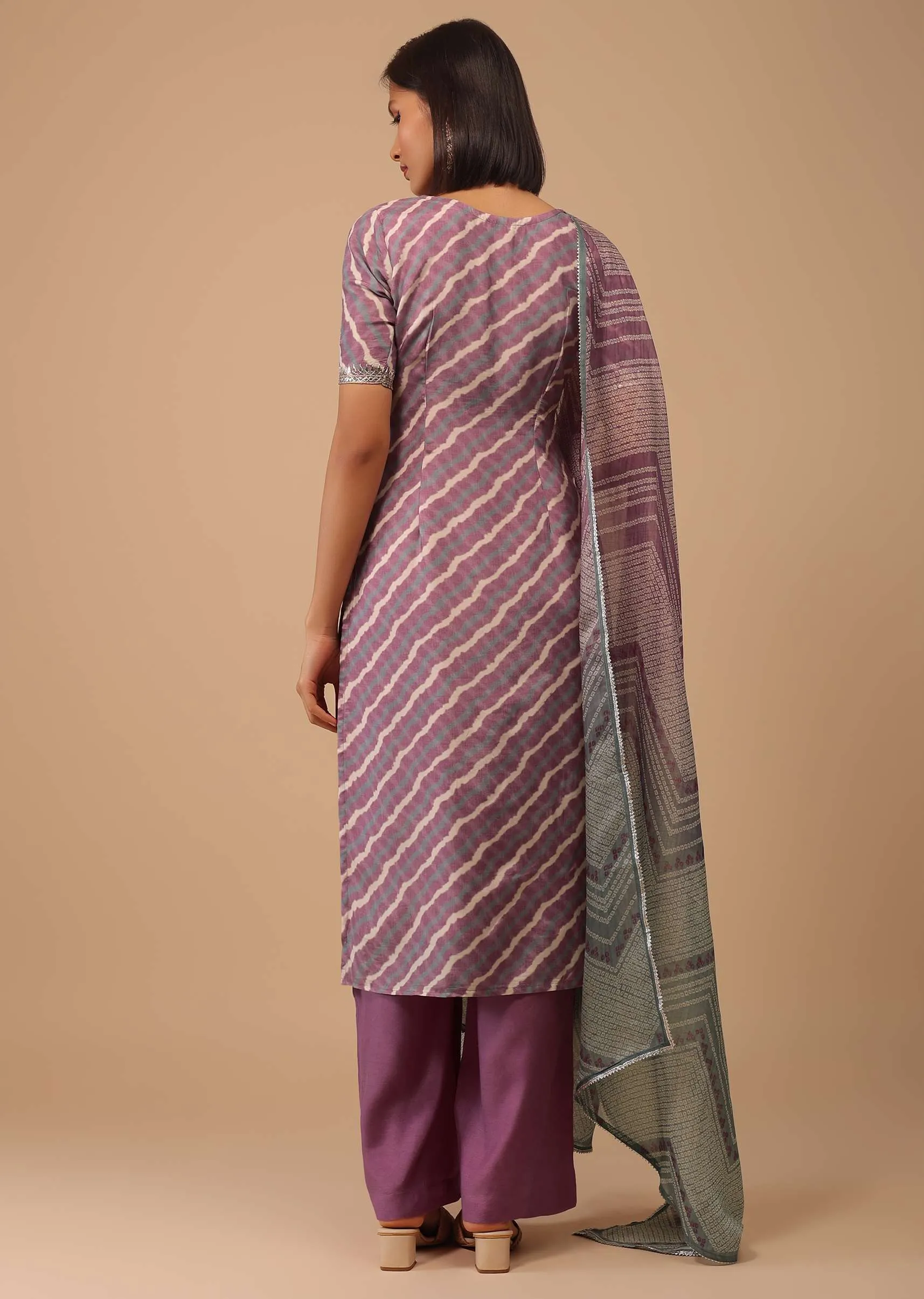 Mauve Purple Embroidered Leheriya Printed Cotton Palazzo Suit With Printed Dupatta